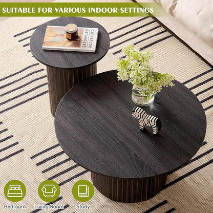 Round Nesting Coffee Table Set of 2, Fluted for Small Spaces | Modern style, suitable for living rooms, roller design, wooden
