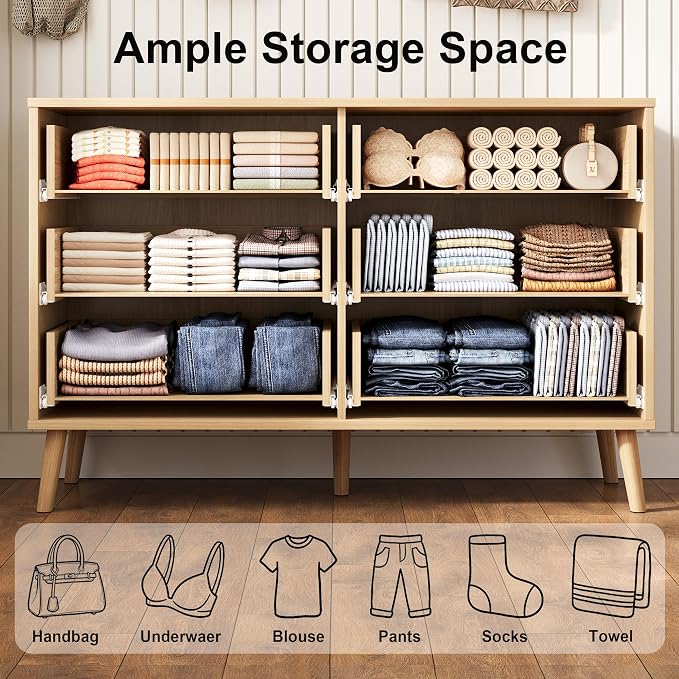 Fluted 6 Drawers Dresser for Bedroom, Wooden Wide Chest of Drawers with Metal Handle, Dresser TV Stand, Closet Storage Organizer for Entryway, Living Room, Hallway (Natural)