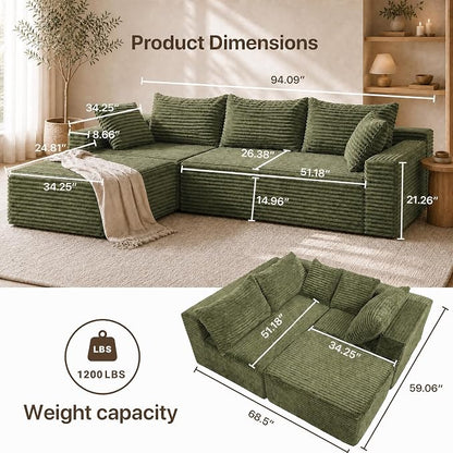 Claiks 94" Boneless Couch, Cloud Couch Sectional, L-Shape Corduroy Modular Sectional Sofa Deep Seat, Upholstered Couches for Living Room, No Assembly Required, Green