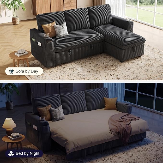 Sectional Sleeper Sofa with Pull Out Bed, Plush Corduroy Sectional Sofa with Storage Chaise and Adjustable Backrest, Cloud Sectional Couches for Living Room, Apartment, Dark Grey