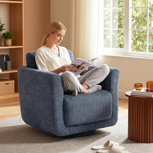 Swivel Accent Chair, 360° Barrel Armchair with Solid Wood Frame & Ergonomic Back Cushion, Fully Assembled Chenille Swivel Chair for Living Room, Bedroom, Office, Blueberry Blue