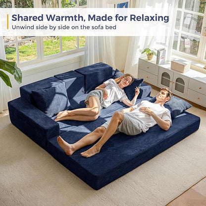 MAXYOYO Convertible Sofa Bed, 80" Oversized Boneless Loveseat Couch 4 in 1 Foldable Floor Sofa Couch in A Box with 2 Cup Holders, Folding Chair for Living Room, No Assembly Required, Navy