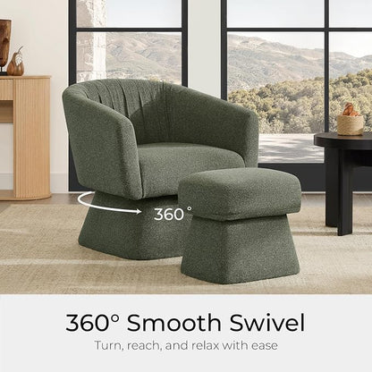Zerel's Home Swivel Accent Chair with Ottoman, Upholstered Barrel Accent Chair, Modern Accent Chair with Pleated Backrest and Arms, Boucle Armchair for Living Room Bedroom, Green