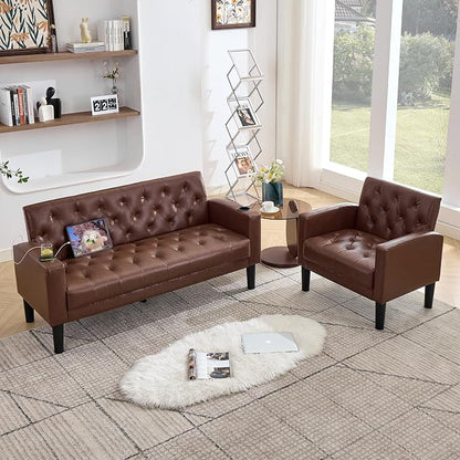 TYBOATLE 62" W Leather Loveseat w/Chairs, 2 Piece Sofa Sets for Living Room w/ 2 USB Charger Ports and 2 Cupholders, Living Room Furniture Sets of 2 (2, Brown)