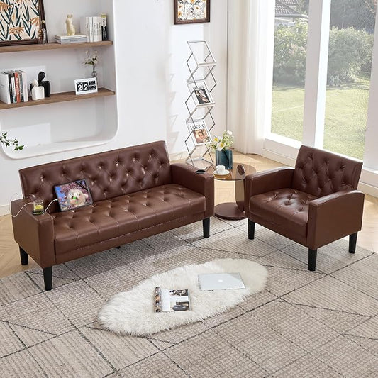 TYBOATLE 62" W Leather Loveseat w/Chairs, 2 Piece Sofa Sets for Living Room w/ 2 USB Charger Ports and 2 Cupholders, Living Room Furniture Sets of 2 (2, Brown)