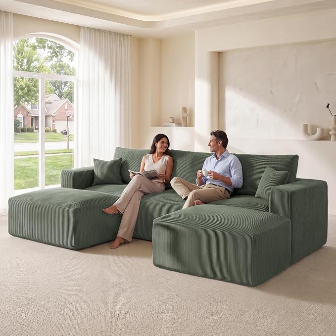 Living&Giving 115" Modular Cloud Boneless Couch, U Shaped Sectional Sofa with Chaise, Corduroy Floor Couch for Living Room, High-Density Foam & Firm Lumbar Support for Apartment,Green