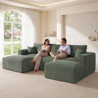 Living&Giving 115" Modular Cloud Boneless Couch, U Shaped Sectional Sofa with Chaise, Corduroy Floor Couch for Living Room, High-Density Foam & Firm Lumbar Support for Apartment,Green