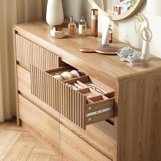 LYNSOM 6 Drawer Dresser for Bedroom, 50" Wide Fluted Dresser with Curved Corners, Wood Dressers & Chests of Drawers with Dual-Panel Design for Bedroom, Entryway, Oak