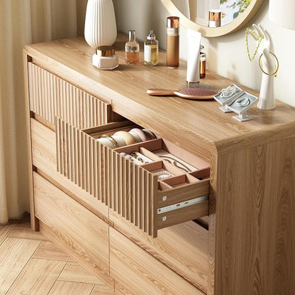 LYNSOM 6 Drawer Dresser for Bedroom, 50" Wide Fluted Dresser with Curved Corners, Wood Dressers & Chests of Drawers with Dual-Panel Design for Bedroom, Entryway, Oak