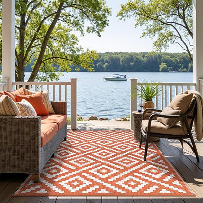 GENIMO Outdoor Rug for Patio, 6'x9' Fall Reversible Plastic Straw Rugs, Waterproof Halloween RV Camping Mat Lightweight Carpet for Camper, Balcony, Deck, Backyard, Picnic, White Orange