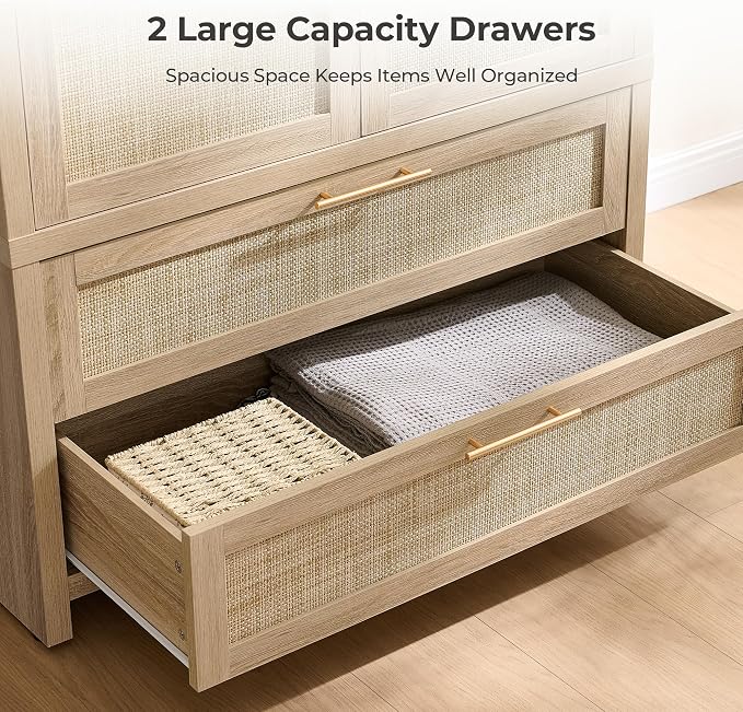SICOTAS Armoire Wardrobe Closet, Larger Rattan Wardrobe Storage Cabinet with 2 Drawers & Hanging Rod, Boho Large-Capacity Deep Clothes Organizer for Cloakroom, Bedroom, Light Oak (3 PCS)