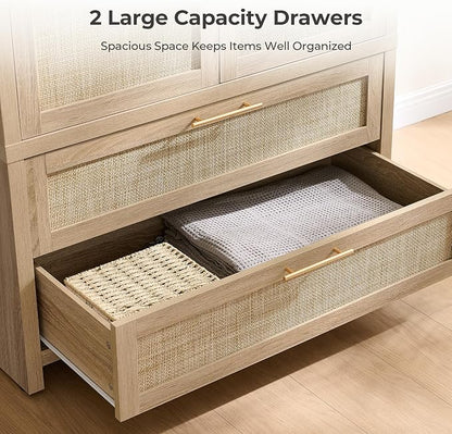 SICOTAS Armoire Wardrobe Closet, Larger Rattan Wardrobe Storage Cabinet with 2 Drawers & Hanging Rod, Boho Large-Capacity Deep Clothes Organizer for Cloakroom, Bedroom, Light Oak (3 PCS)