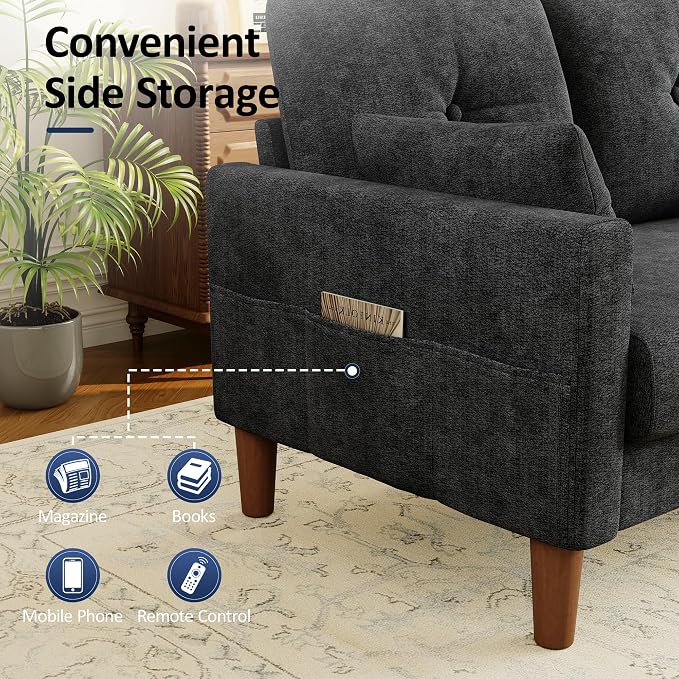 Vipbear 48" Loveseat Sofa,Modern Small Couches for Small Spaces,Black Chenille Love Seat Couch for Living Room,Bedroom,Apartment,Office,Deep Seat,Throw Pillow,Side Pockets,Square Armrest