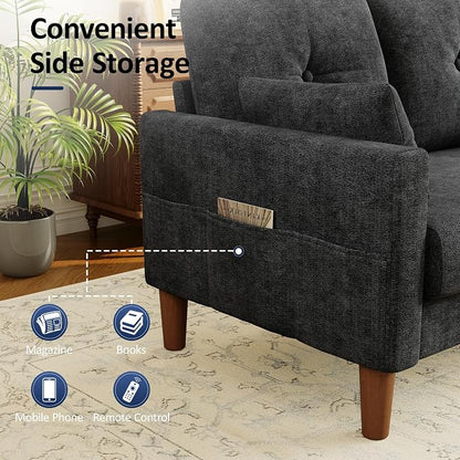 Vipbear 48" Loveseat Sofa,Modern Small Couches for Small Spaces,Black Chenille Love Seat Couch for Living Room,Bedroom,Apartment,Office,Deep Seat,Throw Pillow,Side Pockets,Square Armrest