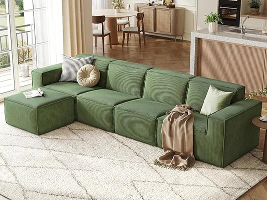 LINSY HOME Modular Sectional Sofa, 134" Boneless Couch L Shaped 4-Seat Sofa with Movable Ottoman, Corduroy Sectional Cloud Couches for Living Room, No Assembly Required, Green