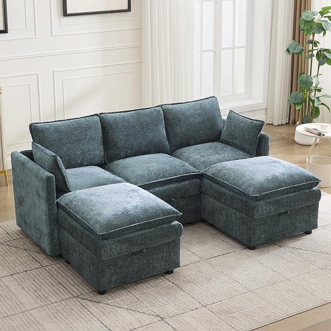 80" Cloud Modular 3 Seater Sofa with 2 Storage Ottoman, Modern Upholstered Storage Sofa Couch Deep Seat, U Shape Sectional Sofa Chenille Comfy Couch with Armrests for Living Room, Small Space, Blue