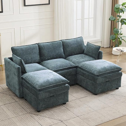 80" Cloud Modular 3 Seater Sofa with 2 Storage Ottoman, Modern Upholstered Storage Sofa Couch Deep Seat, U Shape Sectional Sofa Chenille Comfy Couch with Armrests for Living Room, Small Space, Blue