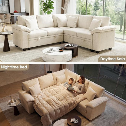 86" Modular Sectional Sleeper Sofa with Pull Out Bed, L Shaped 5 Seat Couch with 151L Storage, Convertible Cloud Couch Bed, Sectional Couches for Living Room, Apartment (Beige)