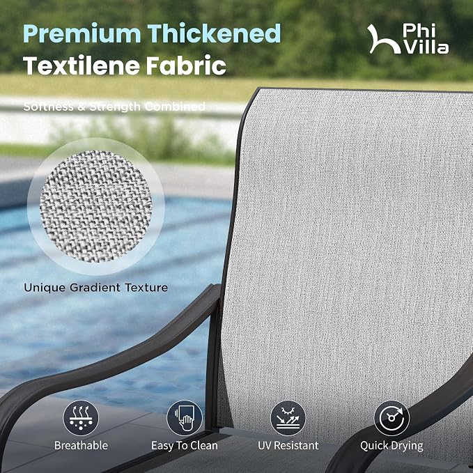 PHI VILLA Outdoor Dining Set for 8, Swivel Mesh Chairs & Square Table, Grey | Textilene chairs and large 57.5'' metal table with umbrella hole. All-weather patio furniture set designed for patio, deck
