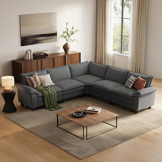 LINSY HOME Modular Sectional Sofa 5 Seat Couch Corduroy Cloud Couch with Deep Seat, Modern V-Shaped Cloud Couch for Living Room, Office, Bedroom, Grey