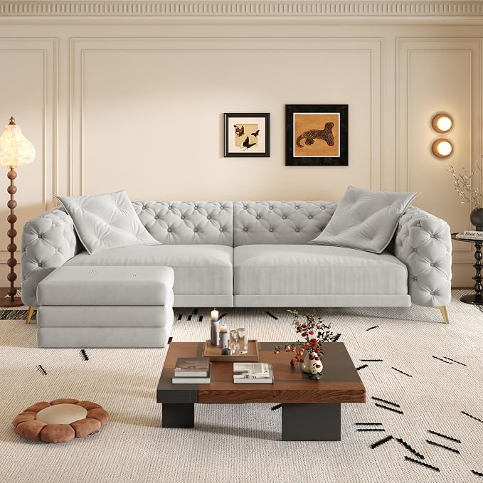 97.7" Convertible Queen Sleeper Sofa with Ottoman - Button Tufted Pull Out Sofa Bed, Velvet King Size Couch Bed & Vintage Deep Seat 4-Seater Couch for Small Spaces, Apartment & Living Room, Light Grey | Button Tufted