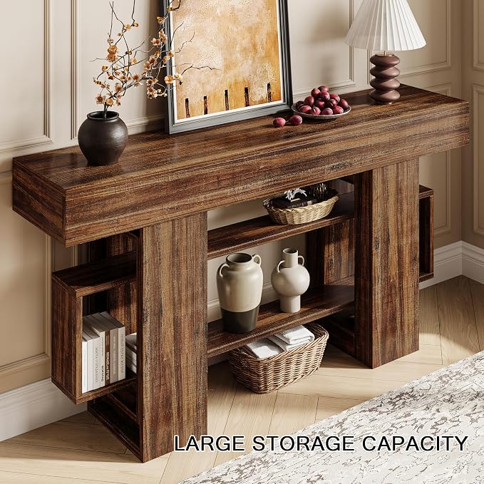 Einhomn 63 Inches Entryway Table, Wooden Console Table with Storage, Narrow Sofa Table Behind Couch, Farmhouse Long Entry Hallway Tables for Entrance, Foyer, Living Room, Rustic Brown