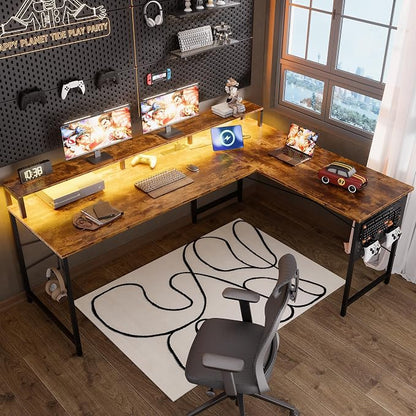 Pamray 64 Inch L Shaped Gaming Desk with Power Outlets and Led Lights, Large Corner Computer Desk with Monitor Stand and Pegboard, PC Table for Home Office and Bedroom Vintage