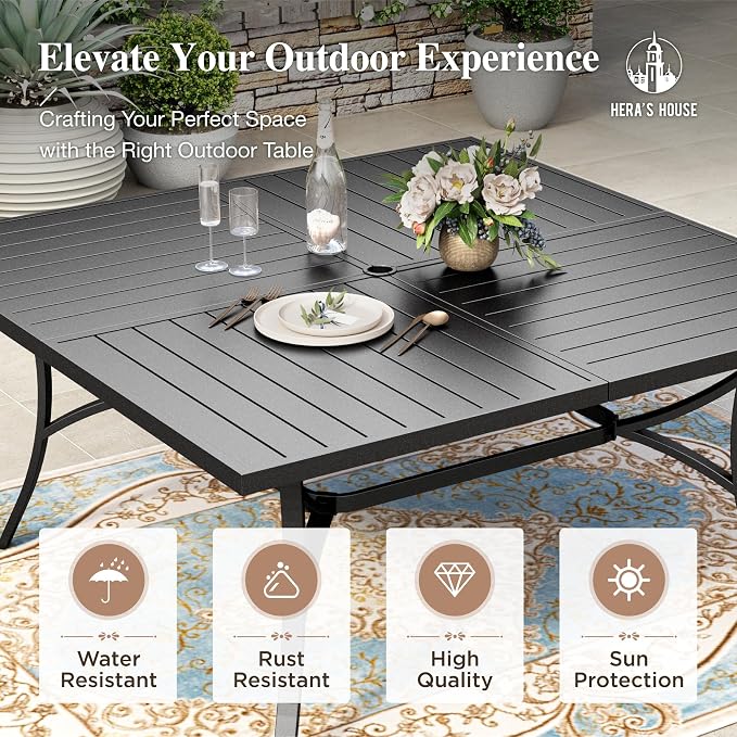 HERA'S HOUSE 9 Pieces Patio Dining Set, Outdoor Table and Chairs Set for 8, 8 x Brown Textilene Dining Chair and 57.5" Square Metal Dining Table, Outdoor Dining Sets for Lawn Garden Backyard Deck