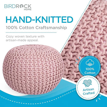 BIRDROCK HOME Round Pouf Ottoman Foot Rest - 18.5”x18.5”x15” Boho Compact Comfortable Soft Cotton Braided Foot Stool with Bean Bag Filling for Living Room, Bedroom, or Nursery (Dusty Rose)