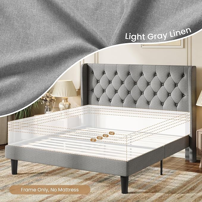 SHA CERLIN King Size Upholstered Platform Bed Frame with Wingback Headboard, Tufted Linen Fabric, Wooden Slats Support, Easy Assembly, Light Grey