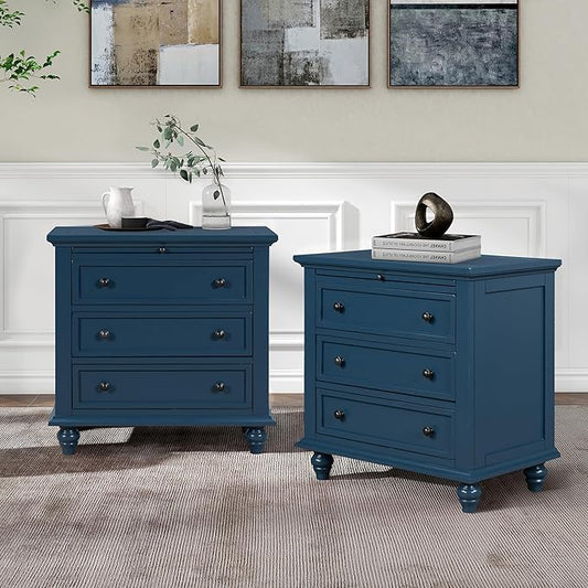 Merax Wood Nightstand with Drawers Set of 2, Bedside End Table with Pull Out Tray, Blue (No Guide Rails)