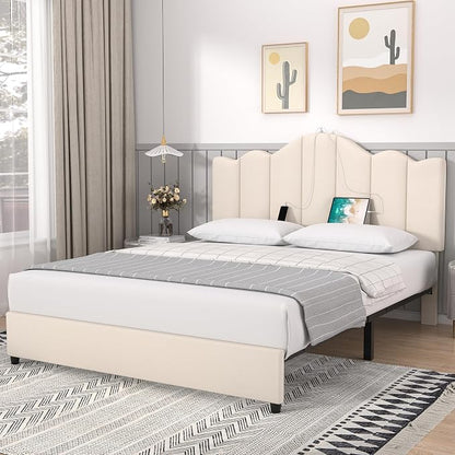 VECELO Queen Bed Frame with Adjustable Headboard, Heavy-Duty Upholstered Platform with Strong Wood Slats, No Box Spring Needed, Easy Assembly, Pure Beige