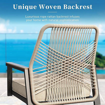 9 Pieces Patio Dining Set, 8 x Woven Rattan Chairs with Waterproof Cushion, 83" Rectangular Metal Dining Table with Umbrella Hole, Outdoor Table and Chairs Set for Backyard Lawn and Deck, Beige