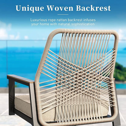 SUNSHINE VALLEY 7 Pieces Patio Dining Set, 6 x Woven Rattan Chairs with Waterproof Cushion, 54” Metal Round Dining Table with Umbrella Hole, Outdoor Table and Chairs Set for Backyard Lawn and Deck