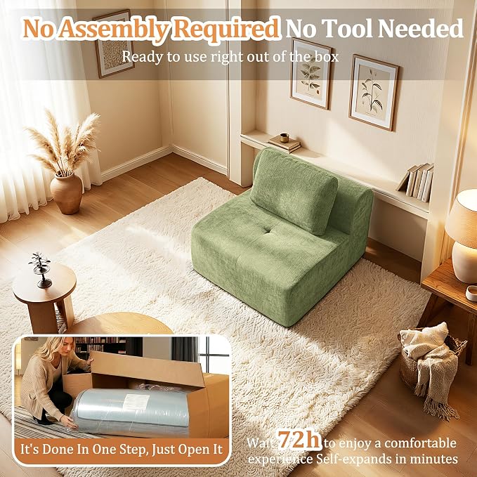 37" Oversized Boneless Couch, Comfort Cloud Sectional Couches for Living Room, Modular Sofa High Back & Extra Deep Seat, No Assembly, Soft Chenille Fabric (Olive Green, 37 inch-Single Seat)