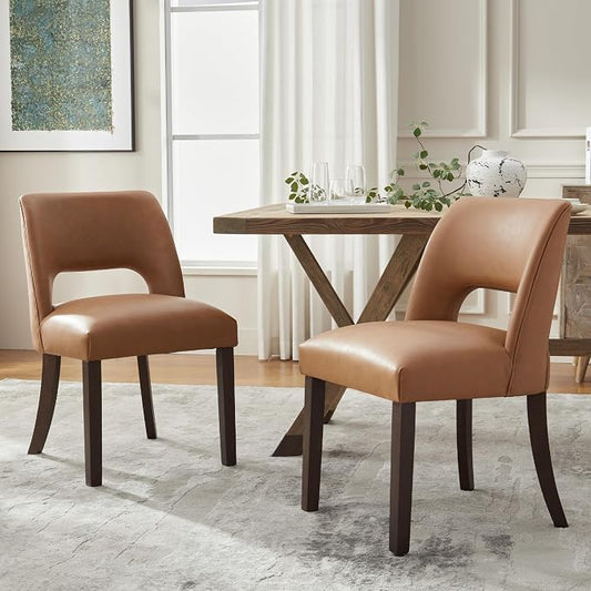 VKNOW Modern Dining Chairs Set of 2 with Rubberwood Legs, Brown | Faux Leather, Curved Back, For family, Kitchen Dining Room Restaurant Reception Room, No wobble, 80% pre-installed