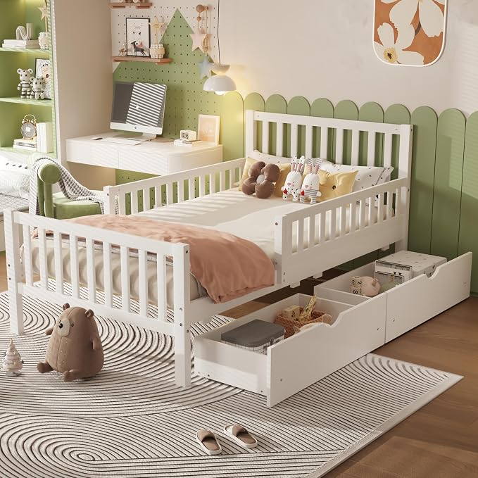 Bellemave Twin Size Kids Platform Bed with Fences and 2 Drawers, Wooden Twin Bed Frame with Guardrails on Both Sides for Boys Girls, White