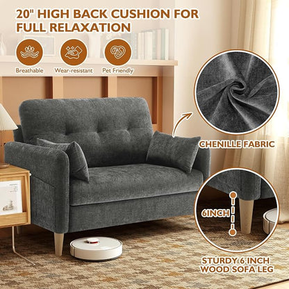 Urhanherry 47" Small Sofa Couch for Bedroom, Soft Chenille loveseat Mini Couch with Throw Pillow and Removable Cushion Cover for Small Spaces, Living Room, Apartment, Dorm, Office(Dark Grey)