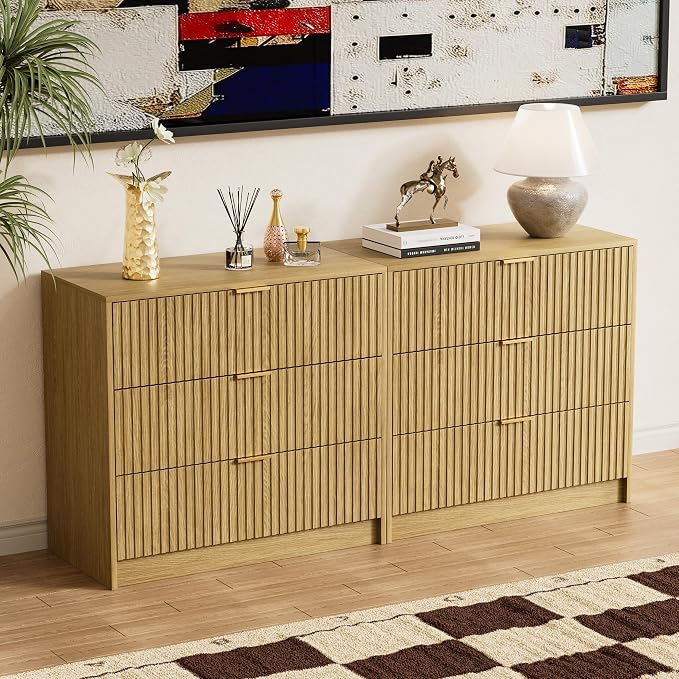 Furniway Mid Century Modern Dresser for Bedroom, 3 Drawer Wood Dresser with Fluted Front and Gold Handles, Chest of Drawers for Living Room, Hallway, Closet, Natural Oak