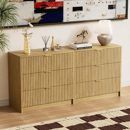 Furniway Mid Century Modern Dresser for Bedroom, 3 Drawer Wood Dresser with Fluted Front and Gold Handles, Chest of Drawers for Living Room, Hallway, Closet, Natural Oak