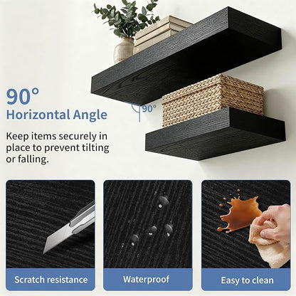 Black Floating Shelves for Wall, Set of 4 Wooden Wall Mounted Shelves for Bathroom Over Toilet, Bedroom, Kitchen, Living Room & Office, Hanging Storage and Wall Decor, 12"x7"x1.5"