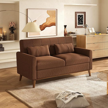 WLIVE 62" Loveseat Sofa, Mid Century Modern Small Couches for Living Room, Button Tufted Upholstered Couch for Bedroom, Solid Wood Frame, Easy to Install Furniture, Brown