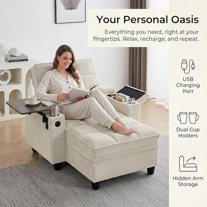 Convertible Sleeper Chair, Pull Out Sofa Bed with Adjustable Backrest & Hidden Storage Armrest, Single Sofa Recliner with USB Charging Port & Cup Holders for Living Room, Bedroom, Beige