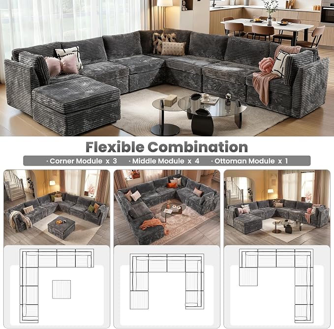 ovios Modular Sectional Sofa Couch with V-Shape Chaise Ottoman, Comfy Plush Corduroy Cloud Couches, Modern Luxury Deep Seat Sofas Set for Living Room, 8-Seater, Grey