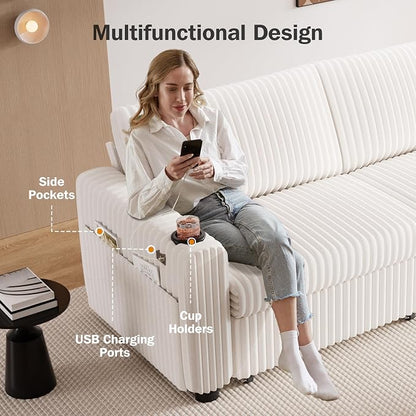 Sunny Heart 91" Plush Corduroy L Shaped Sectional Sleeper Sofa Bed with Pull Out Bed, Reclining Backrest, Reversible Storage Chaise, USB Ports, Cup Holders, Tool Free Assembly, Beige