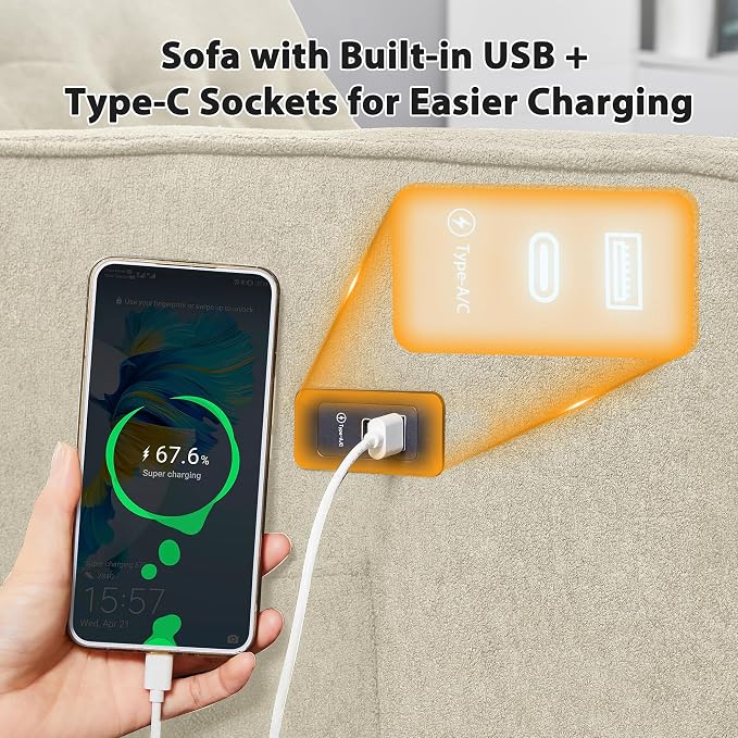 3 in 1 Convertible Sofa Bed, Pull Out Couch with Side Pocket, Sleeper Sofa with Adjustable Backrest | USB Charging Port | Two Pillows | Fabric | Ivory