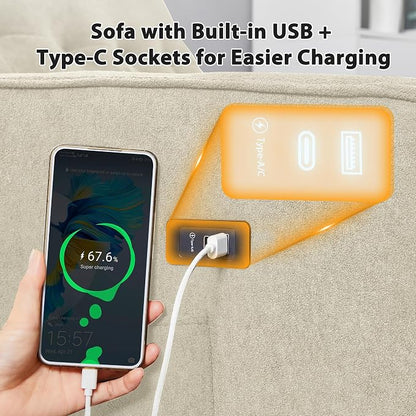 3 in 1 Convertible Sofa Bed, Pull Out Couch with Side Pocket, Sleeper Sofa with Adjustable Backrest | USB Charging Port | Two Pillows | Fabric | Ivory