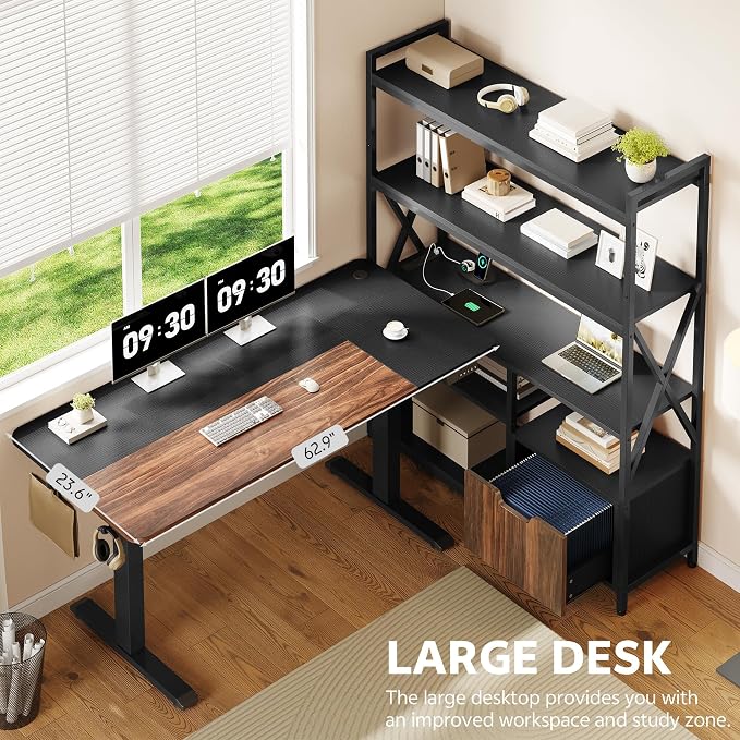 77.8 Inches L Shaped Standing Desk Corner Desk with Hutch Electric Height Adjustable Desk with Storage Shelves File Drawer Power Outlets Reversible Computer Gaming Desk for Home Office Black