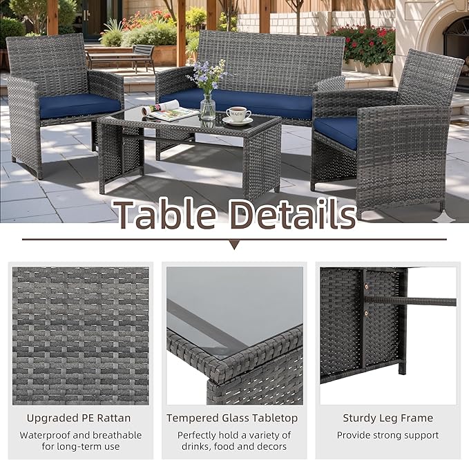 4 Piece Patio Ratten Set Outdoor Furniture Set Wicker Conversation Set with Cushions and Tempered Glass Tabletop,Deep Blue