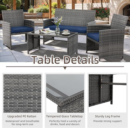 4 Piece Patio Ratten Set Outdoor Furniture Set Wicker Conversation Set with Cushions and Tempered Glass Tabletop,Deep Blue